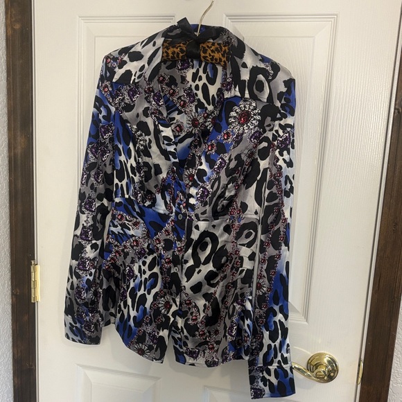 Cache Tops - Cache Multicolor Satin Animal-Print Blouse in Blue, Black, Silver and Purple!